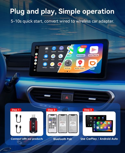 2 in 1 Android Auto Wireless Adapter Wireless CarPlay Adapter Plug Play Radio US - Foto 3 di 13