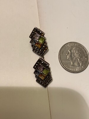 Vintage Sterling Silver Marcasite Color Stones Earrings