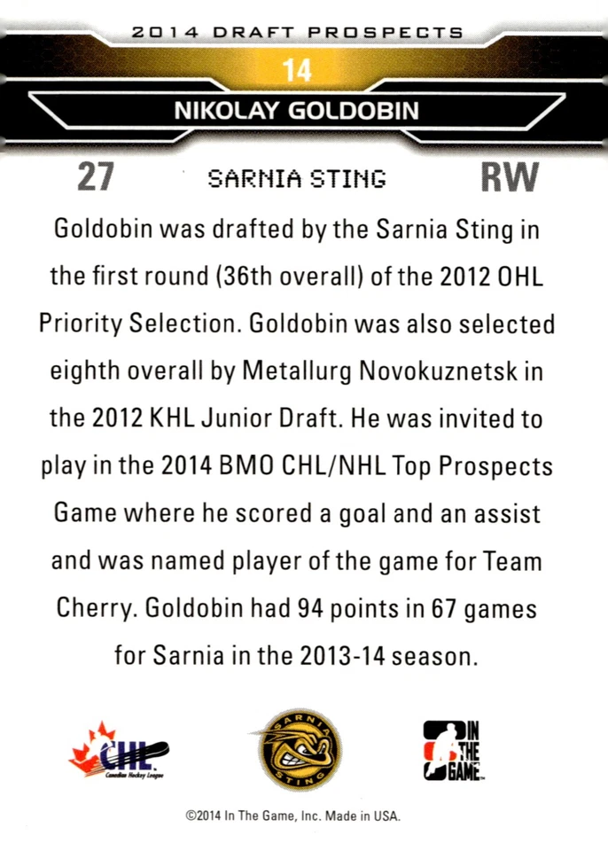 Nikolay Goldobin - Signed 2013-14 In The Game Leaf Draft Prospects SP Card #14 - Image 2 of 2