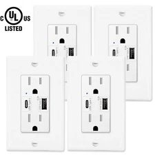 4 Pack Type C USB Charger Outlet 15A Wall Duplex Receptacle w/ Wall Plate White