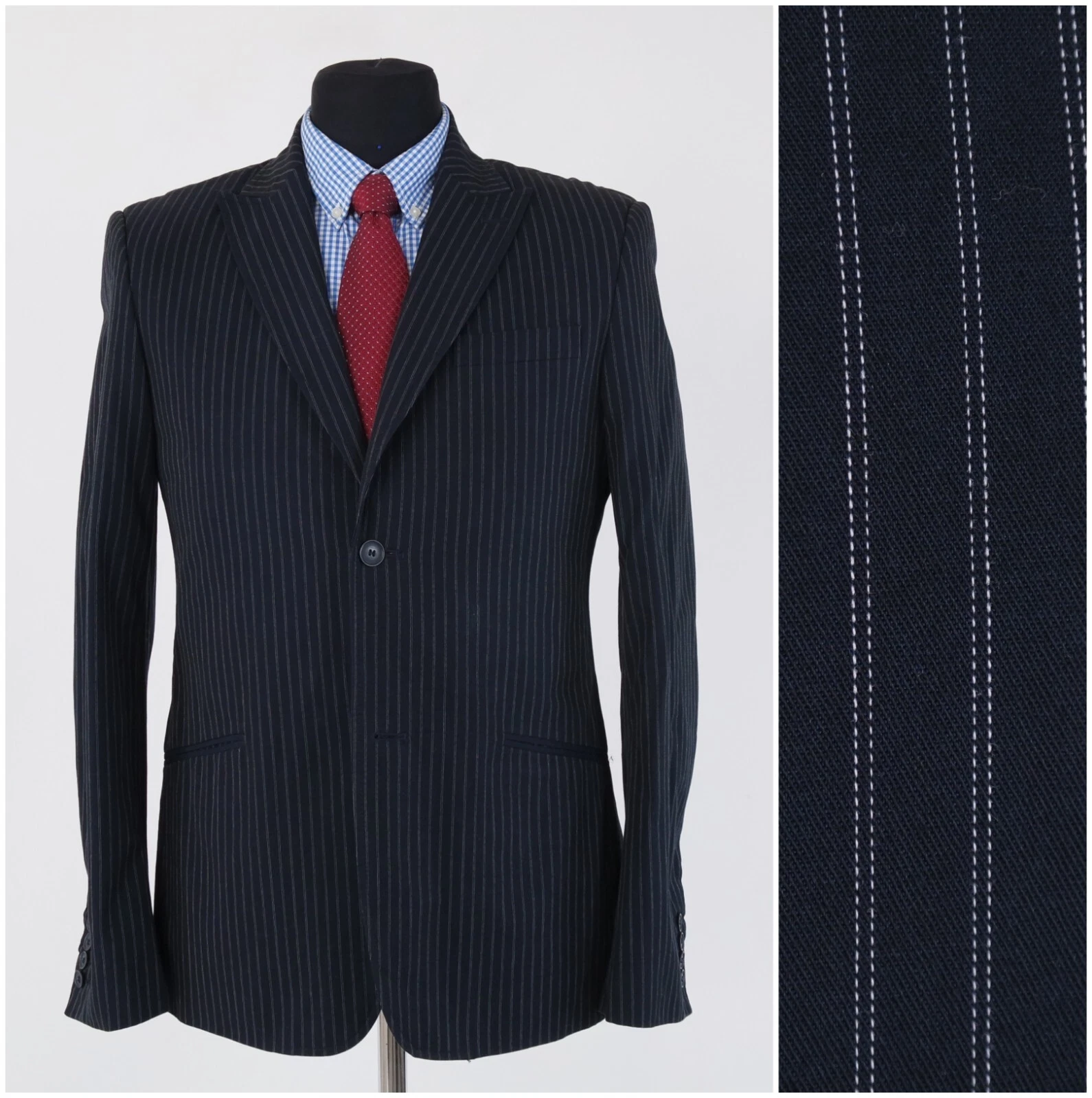 Mens Striped Black Blazer 40R UK Size SASCH Cotton Sport Coat Jacket