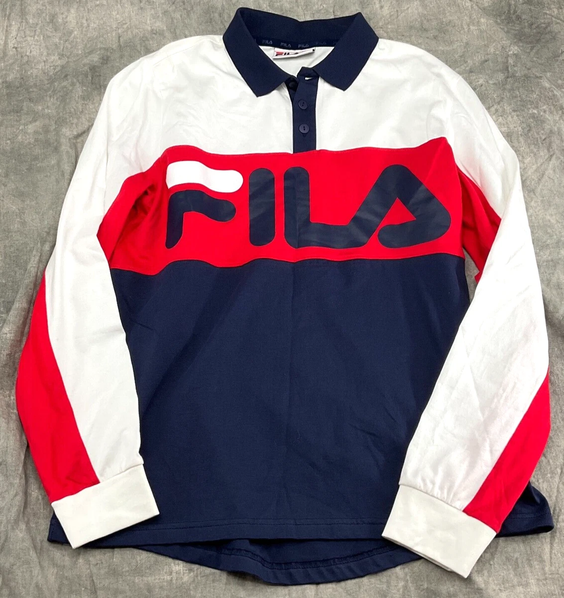 Fila Rugby Shirt Men M Red White Blue Colorblock Logo Collar Cotton Stretch