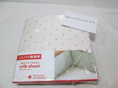 New Skip * Hop TREETOP FRIENDS Collection Crib Sheet 250 TC - Sage Dots  NIP