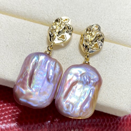 Natural Purple Baroque Freshwater Pearl Earrings 925 Silver Stud - Picture 3 of 4