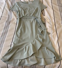 Calvin Klein Green Sheath Dress Belted Tulip Ruffle Skirt Scoop Neck Cap Sleeve