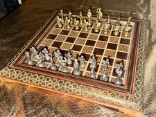 Vintage Inlaid Highly Detailed Wooden Chessboard W/ Metal Pieces