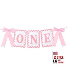 Bow Highchair Banner for 1st Girls Birthday Decoration, Pink and White One