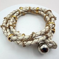 Vintage 90s White Gold Tone Multi Wrap Bracelet Braided Leather Women's Jewelry