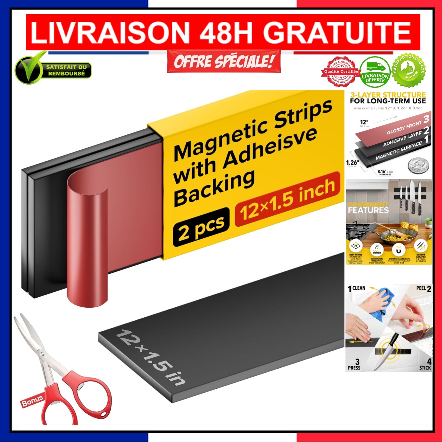 Aimants autocollants 1250 Gauss lot de 100 bandes magnétiques néodyme 20x20mm noires pour frigo
