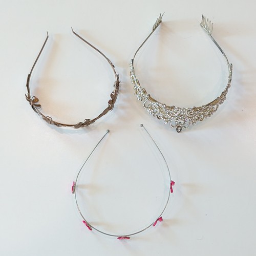 Lot of 3 Headbands Tiara Set Silver & Pink Clear Rhinestone Flower Theme