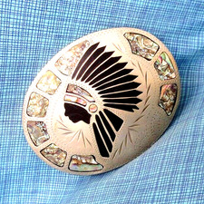Indian Chief Belt Buckle Handmade Abalone Inlay Vtg 70s Johnson Held .SHY236
