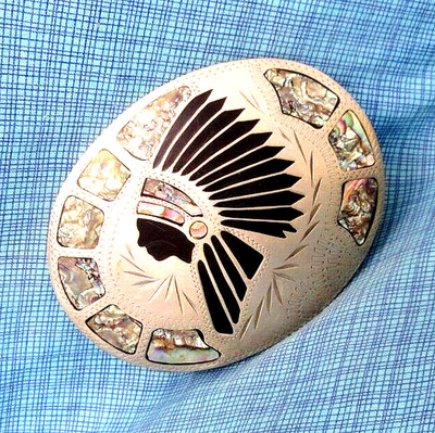 Indian Chief Belt Buckle Handmade Abalone Inlay Vtg 70s Johnson Held     .SHY236