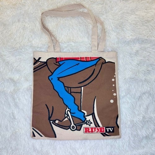 Ride TV Western Cowboy Graphic Print Beige Canvas Tote Bag