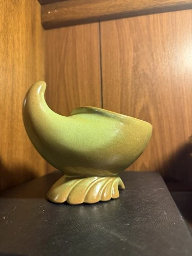 Frankoma Pottery Prairie Green Cornucopia Horn Vase Vintage