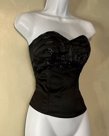 Vintage AUBADE Paris Bridal Rare Black Satin Beaded Bustier Sweetheart Neck XXS