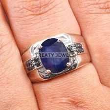 Blue Sapphire Oval Cut Gemstone With 925 Sterling Silver Ring For Men's #B628