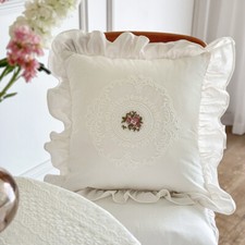 Lace Cotton Floral Embroidery Pillow Case Cushion Cover Ruffle Farmhouse