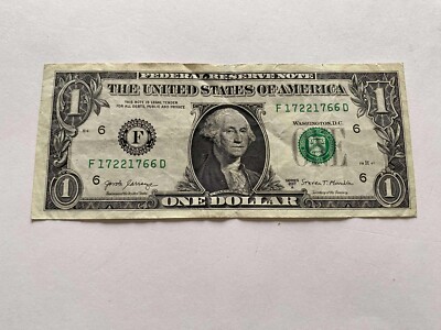One dollar bill serial number F 17221766 D $1 Note US Real money