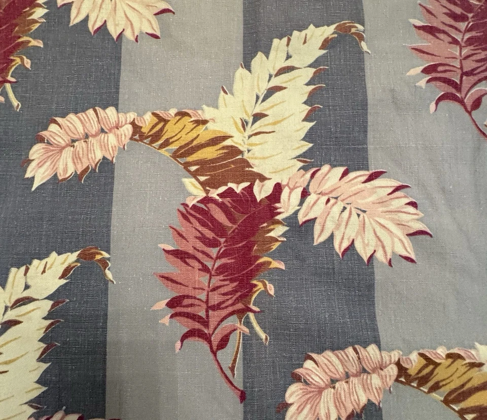 Vtg Mid Century Tropical Barkcloth Fabric Panel 35x84 Blue Pink Leaves Stripe - Image 2 of 4