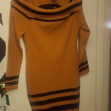 Fashion Nova Ribbed Knit Sweater Dress-- Black Stripes, Midi Length, Color Tan