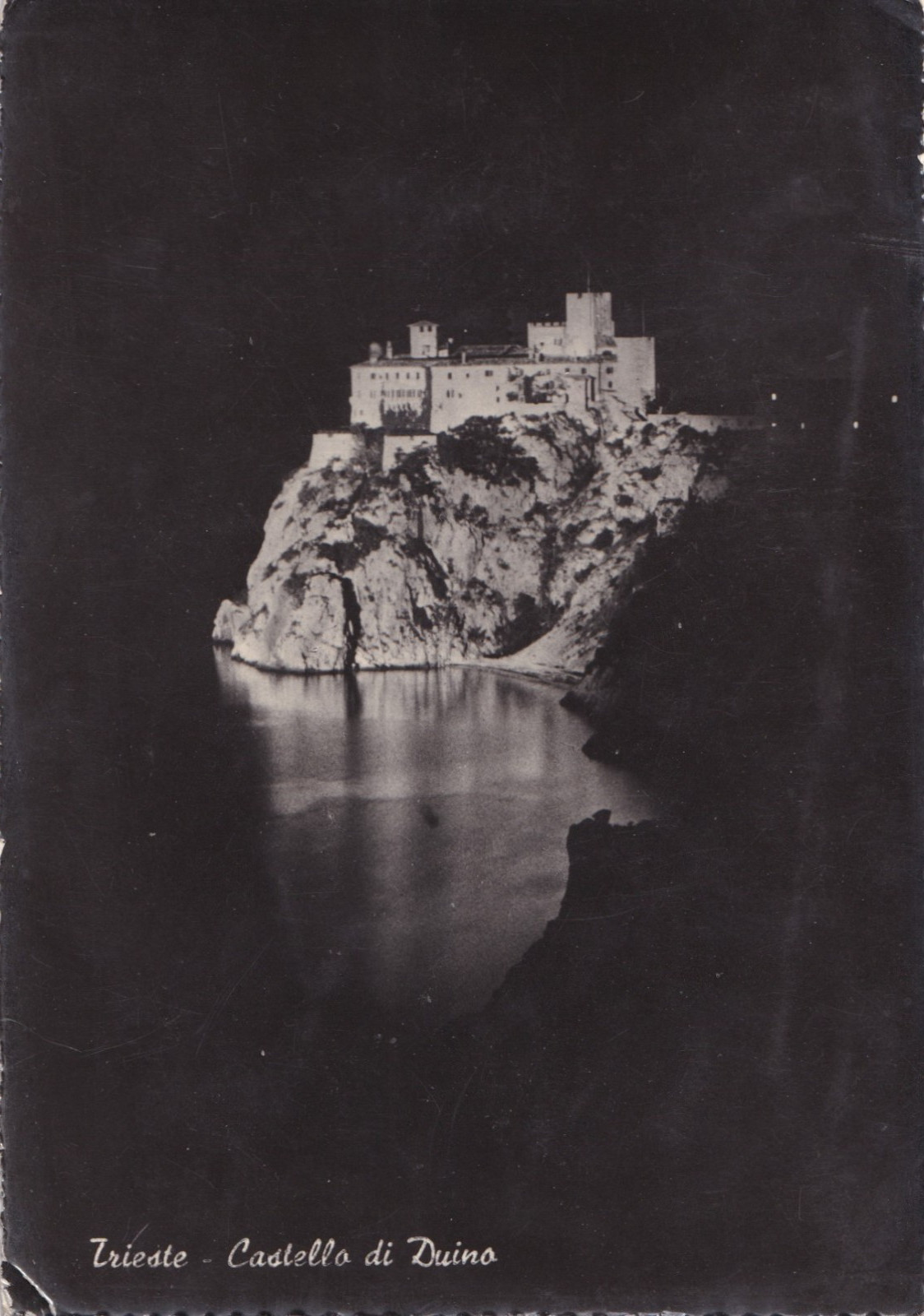 CARTOLINA DI TRIESTE ,CASTELLO DI DUINO - NOTTURNO - TARGHETTA FIERA - 1953