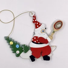 Vtg Original Emgee Hawaii Wooden Christmas Ornament Santa Tennis *Has Damage*