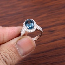 London Blue Topaz, Halo Ring, 925 Sterling Silver, Blue Topaz Ring, Heavy Ring