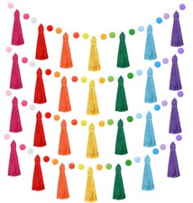 4 Pack 26.3 Feet Rainbow Tassel Pom Pom Garland Decorations Garland Banner