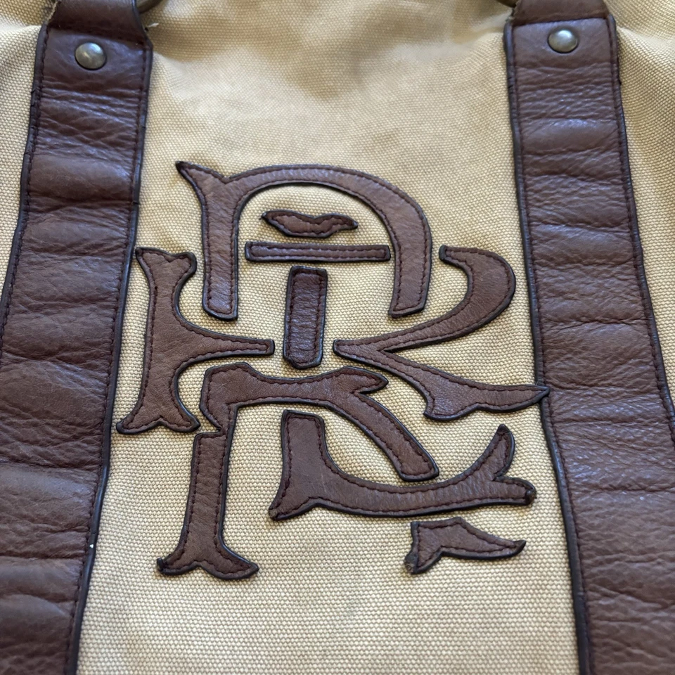 Vintage Rugby Ralph Lauren Khaki Canvas & Leather Small Duffle Tote Bag Monogram - Image 2 of 4