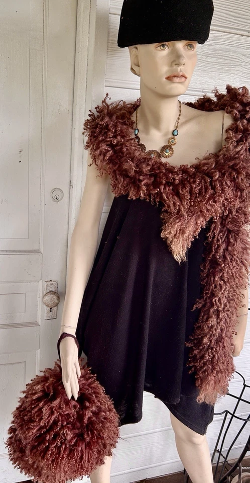 Винтажный шерстяной шарф-болеро с запахом «Дредлок» для ягнят коричневый 82 x 5 дюймов редкая распродажа недвижимости - Изображение 4 из 4