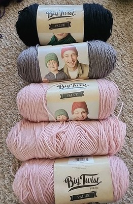 Big Twist Value Yarn Lot Of 5 Medium 4 Worsted 100% Acrylic Pink Gray Black
