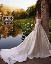 Grace Satin Wedding Dresses A-Line Boat Neck Sleeveless Sweep Train Bridal Gowns