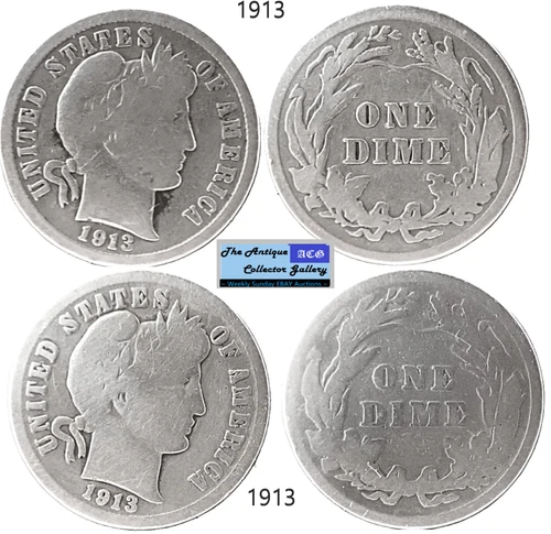 Antique 1913⌛US Philadelphia Mint Silver Barber Dimes🪙As Depicted🪙