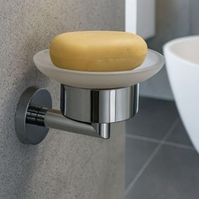 Soap Dish Bathroom Accessory Frosted Glass Tray Chrome Holder Wall Mounted 
