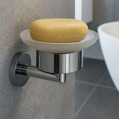 ECOSPA Soap Dish Bathroom Accessory Frosted Glass Tray Chrome Holder Wall Mounted