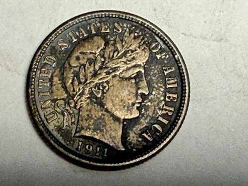 1911 BARBER silver U.S. dime. Deeply toned choice XF-AU. #q1