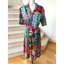 Vintage Two Piece Silk Top & Skirt Pink & Blue FIsh Floral Star Print