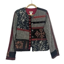 Coldwater Creek Quilted Jacket Sz M Patchwork Wool Silk Artsy Button Embroidered