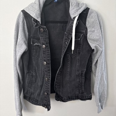 H&M Divided black denim jacket gray hooded sweatshirt Sleeves & Hood Distressed