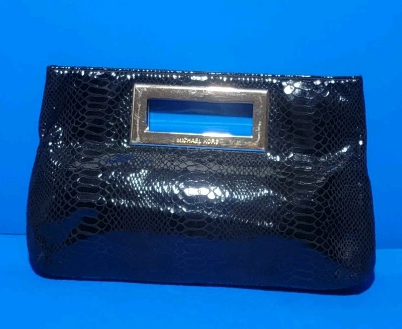 Bolso de Mano Michael Kors Berkley Grande Piel de Serpiente Exótica Cuero Brillante Borde Negro Dorado Foto 2 de 4