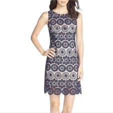 Eliza J Sleeveless Party Cocktail Blue Beige Crochet Lace Sheath Dress Sz 2 New