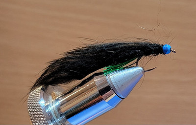 3 X BARBLESS BLACK WITH GREEN FLASH MINKIE ZONKER LEECH BLUE BEAD TROUT Fly #10
