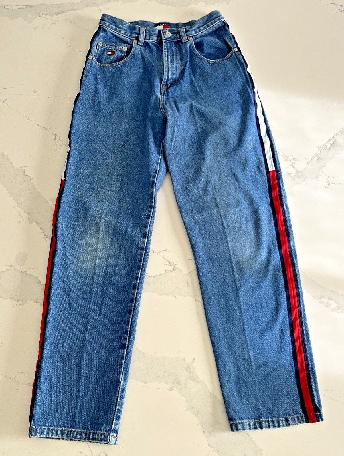 VTG Tommy Hilfiger Jeans 14 Tall 26x28 Blue Denim Side Stripe 90s Y2K image 2