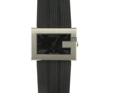 GUCCI orologio G acciaio quadrante rettangolare cinturino gomma nera 100L |  eBay