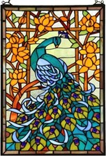 Rectangular Tiffany Stained Glass Peacock Panel with 30" Chain - Handmade Beauty
