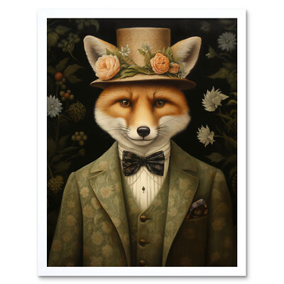 Fox in Floral Victorian Suit and Top Hat Surrealism Artwork Framed Art Print 9X7