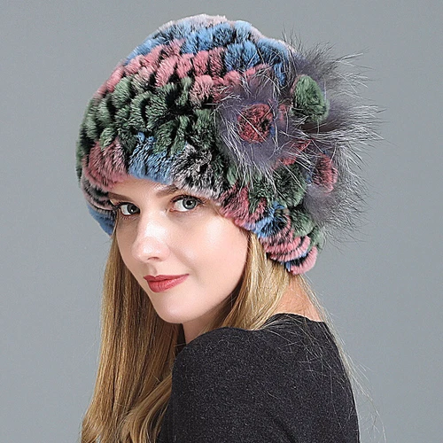 Damen Echt Rex Kaninchenfell Beanie Mütze Winter Warm Mütze mit Fuchs Handarbeit Geflochten - Bild 51 von 52