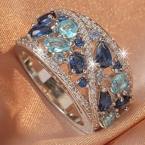Elegant 925 Sterling Silver Blue White Topaz Wedding Engagement Ring Size 9