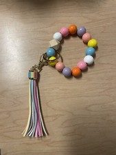 Bright Multicolor Wooden Beaded Wristlet Keychain With Tassel