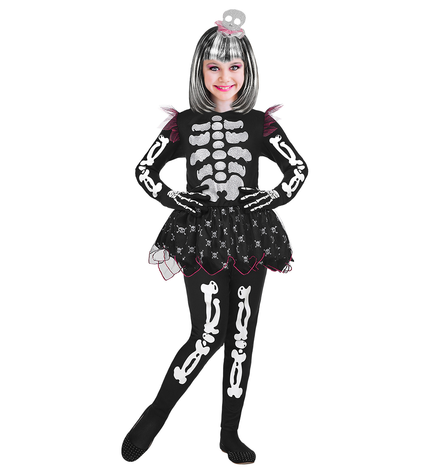 COSTUME HALLOWEEN SCHELETRO MAGLIA CON TUTU PANTALONI E COPRICAPO 8/10 ANNI